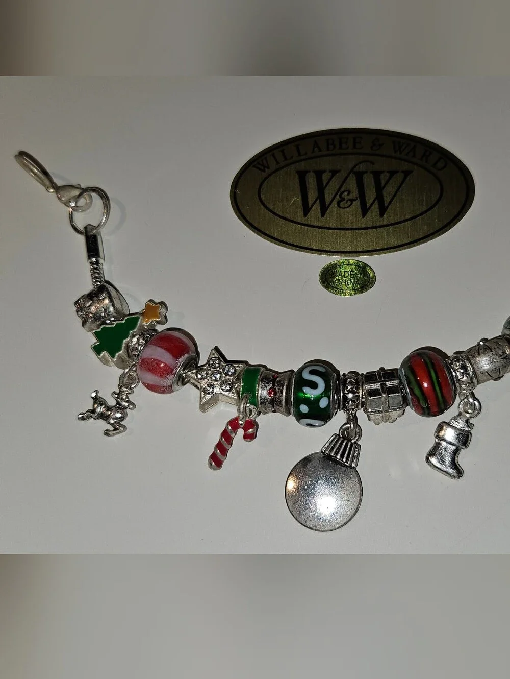 December Christmas Holiday Silver Tone Charm Bracelet with Red & Green